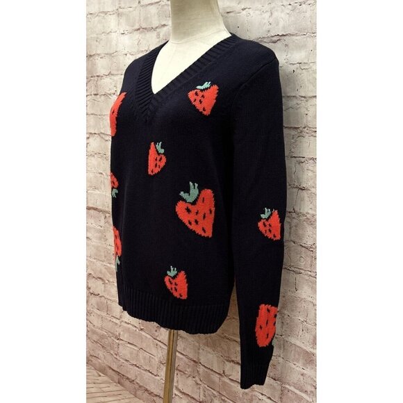 LOFT Sweater Womens XS Blue Strawberry Knit Cotton V-Neck Pullover Casual NEW - Picture 3 of 5